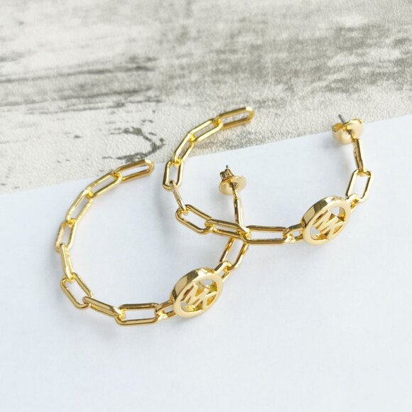 Michael Kors Goldtone Hoop Earrings - Signature Hoop Chain Link - Picture 3 of 4